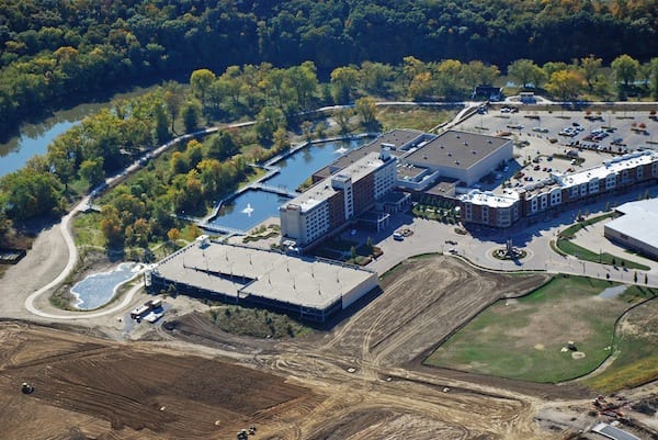 Looking SE at Coralville Marriott Hotel & Conference Center and Iowa River Landing Wetland Park.